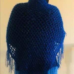 Hand knitted beautiful fringe blue scarf/poncho